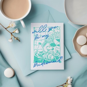 Serez-vous ma carte de demoiselle d'honneur, cartes de demoiselle d'honneur italienne Dolce vita Carte de proposition de demoiselle d'honneur d'été moderne dessiné main bleu aqua menthe