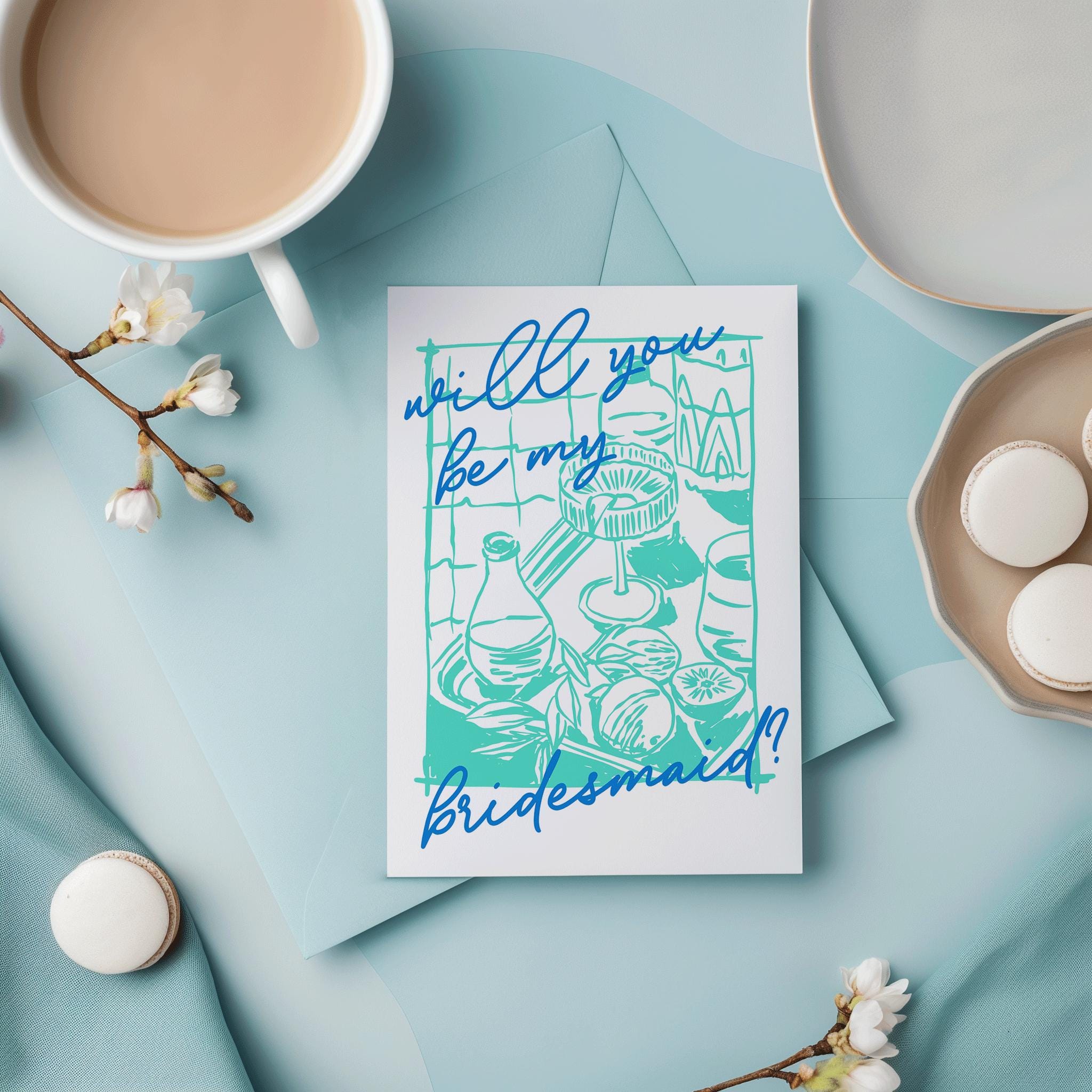 Will you be my bridesmaid card, Dolce vita Italian Bridesmaid cards Hand drawn Blue aqua Mint Modern summer Bridesmaid proposal card