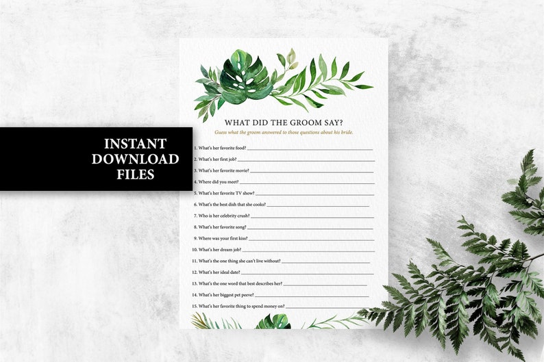 What did the groom say tropical bridal shower game Greenery bridal games palm leaf monstera bachelorette games printable image 1