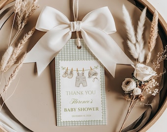 Sage Green Gingham Baby Shower Favor Tags - Thank You Gift Labels Printable Template