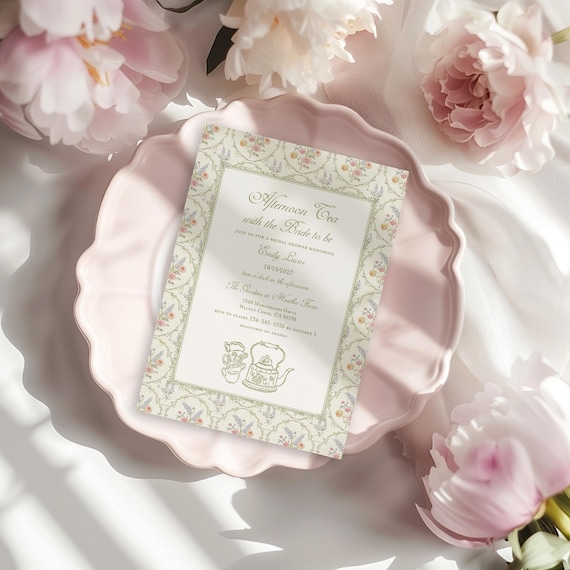 Floral Bridal Shower Tea Party Invitation, Green Pink Vintage High Tea Garden Theme (Template)