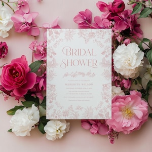 Pink Toile Bridal Shower Invitation, Vintage Floral Chinoiserie English Garden Party Template