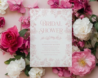 Faire-part de douche nuptiale en toile rose, modèle de garden-party anglaise de chinoiseries florales vintage