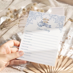 Tarjeta de deseos para bebé con temática de fiesta de té, juego imprimible para baby shower con tema chinoiserie azul polvoriento, juegos para baby shower con tema de té Toile