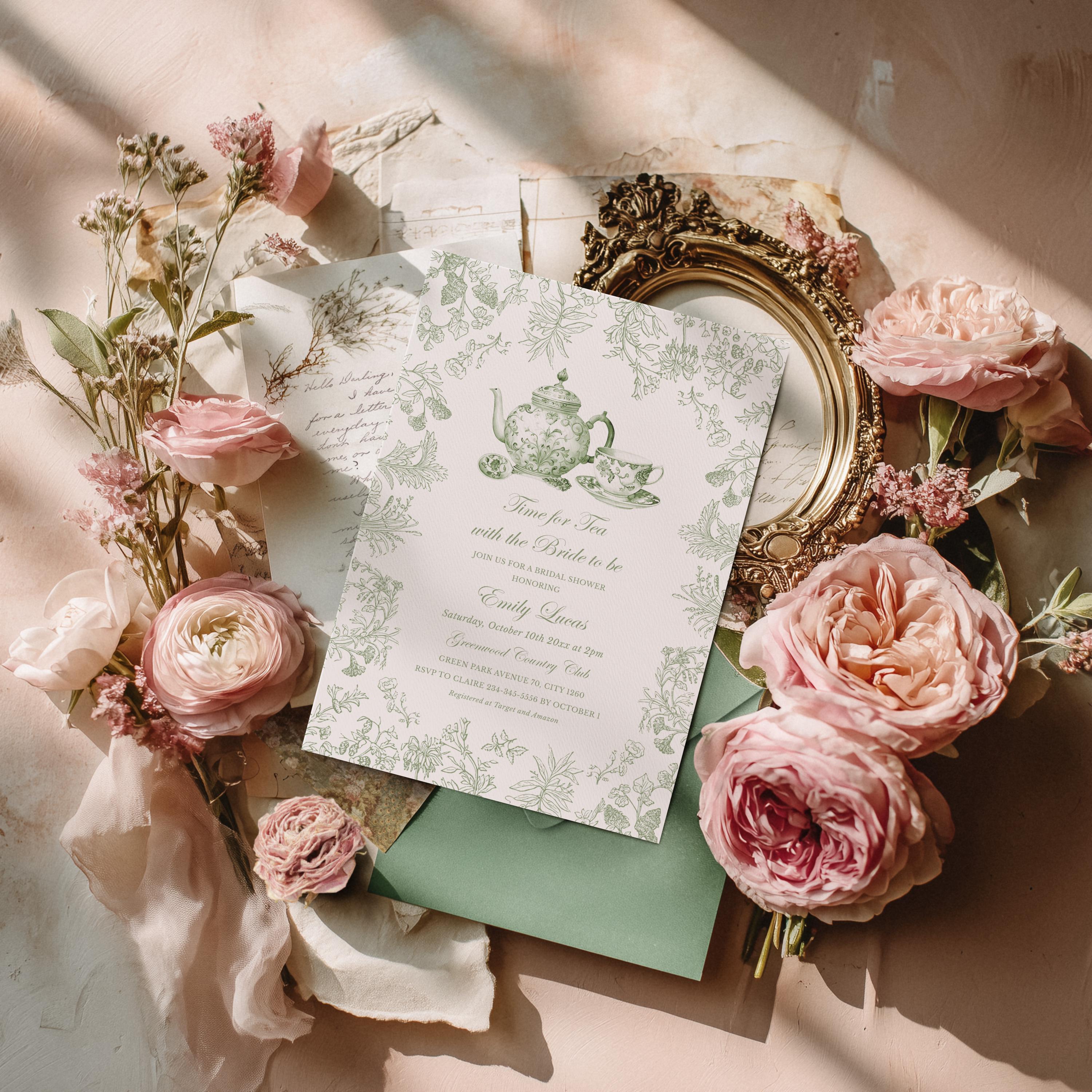 Sage green Bridal shower tea party invitation Toile de jouy tea with the bride to be, Chinoiserie High tea bridal shower brunch invite