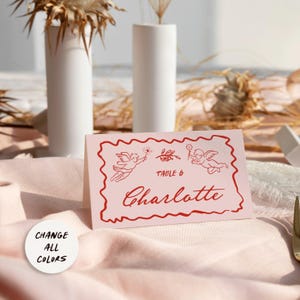 Red pink wedding place cards Italian Wedding name cards, food labels, Funky doodle Modern Hand drawn wedding buffet cards