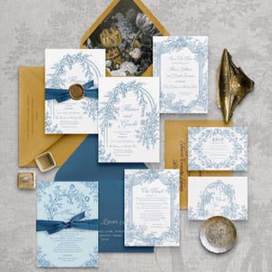 Suite de invitación de boda azul vintage, conjunto de invitación de boda floral barroca de la época de la Regencia, paquete de boda chinoiserie del jardín botánico victoriano