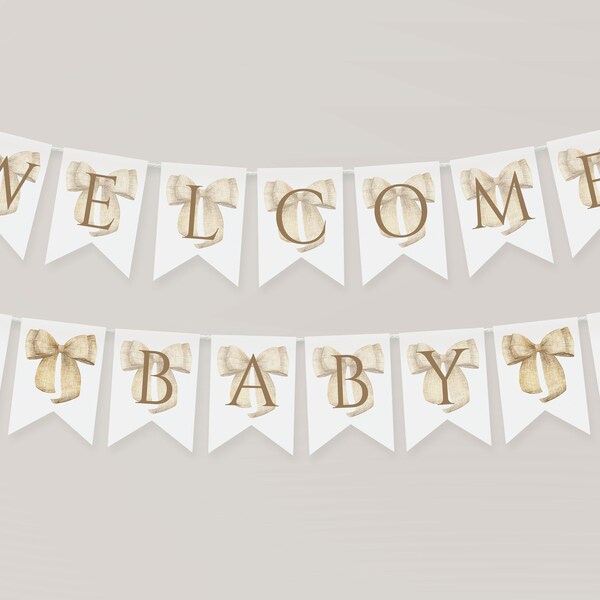 Bow baby shower banner template Girl or boy baby shower decor Editable bunting flags Gold ribbon Garland Welcome baby banner