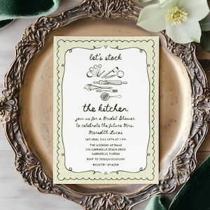Stock the Kitchen bridal shower invitation, Hand drawn modern green invite printable, Cooking class bridal shower invitation