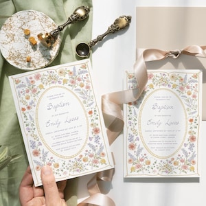 Floral Baptism invitation, Spring summer Christening invite, Vintage wildflower girl invite image 1