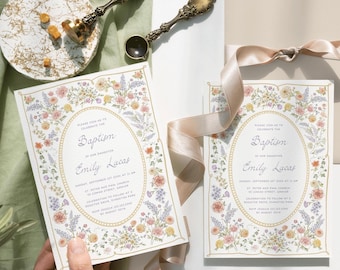 Floral Baptism invitation, Spring summer Christening invite, Vintage wildflower girl invite
