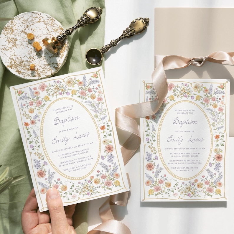 Floral Baptism invitation, Spring summer Christening invite, Vintage wildflower girl invite image 1