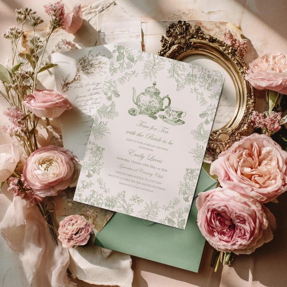 Sage Green Bridal Shower Tea Party Invitation, Toile de Jouy (Editable Template)