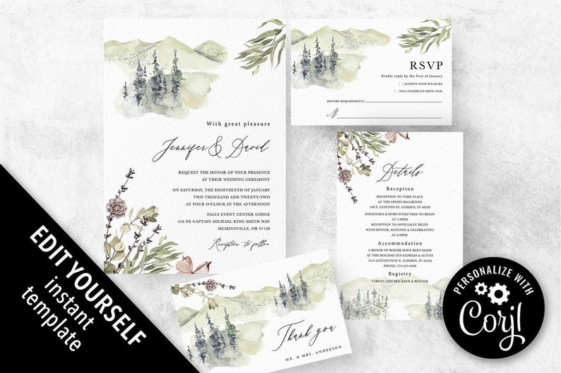 Mountain wedding invitation woodland wedding invite printable, 2024 boho wildflower wedding invitation template image 6