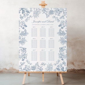 Chinoiserie-kaartsjabloon stofblauw bloemen vintage bruiloft gastenlijst zitplaatsen bord Toile bruiloft decor Tafelplattegrond