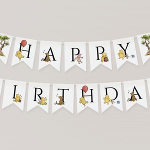 Classic Winnie the Pooh Happy Birthday banner Girl birthday decor Editable bunting flags Garland pooh bear party decoration Banner template