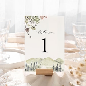 Mountain Table Numbers template, Editable wildflower numbers, Boho rustic woodland outdoor Forest wedding table numbers