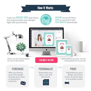 May include: An image showing how to use an online design tool. The process includes purchasing, personalizing, and printing designs. A computer, tablet, and phone display a birthday card design. Text includes "How It Works" and "Demo Now."