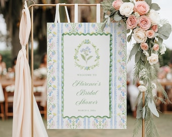 Grandmillennial Brautparty Willkommensschild Vorlage: Rosa Blau Grün Pastellblumen Gartenparty Dekor