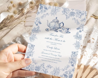 Dusty Blue Tea Party Baby shower Invitation, Vintage Boy Toile Chinoiserie Garden Theme Template