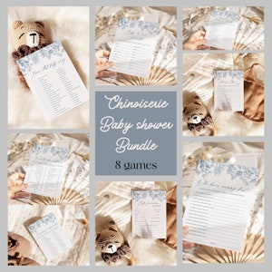 Toile Baby Shower Games bundle Boy Baby shower games package, floral vintage Dusty blue Chinoiserie baby shower decor