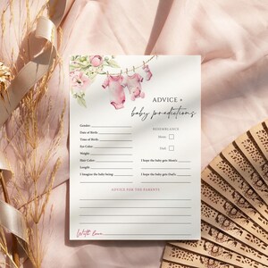 Carte de prédictions et de conseils pour bébé, Jeu de baby shower pour filles Vêtements de bébé à fleurs roses, Conseils aux parents Prédictions pour bébé
