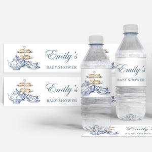 Etiketten waterfles Stoffige blauwe babyshower Theekransje decor, vintage Franse Toile de Jouy, chinoiserie theekransje babystrooiseldecoratie