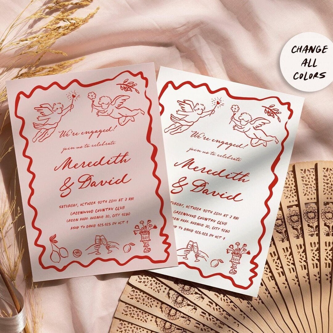 Handwritten Cupid Engagement Party Invitation, Pink Red (editable ...