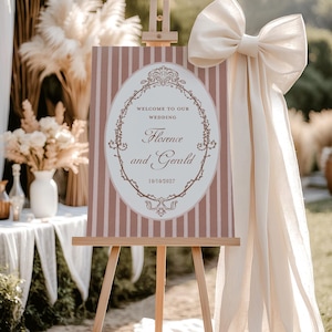 Mocha Wedding Welcome Sign: Vintage Preppy Theme, Pink Stripes Poster (Editable Template)