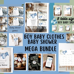 Baby boy clothes line baby shower Invitation Bundle Boy shower decor, Signs, Games, Blue greenery boho nursery Boy baby shower bundle
