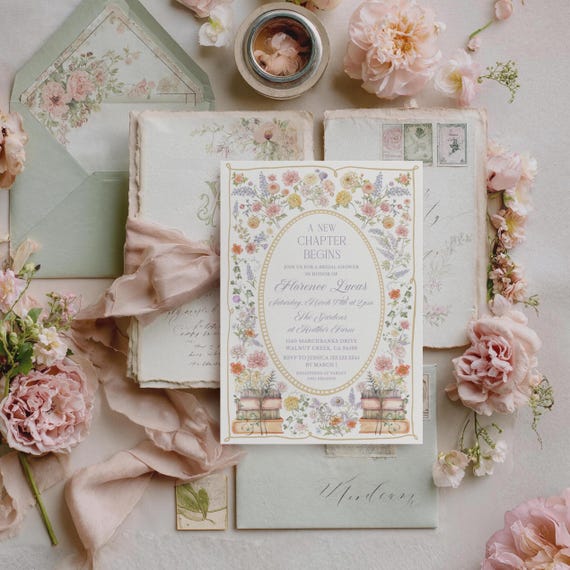 New chapter Bridal Shower invitation, Floral Storybook invite, Spring summer Pastel Wildflower invite