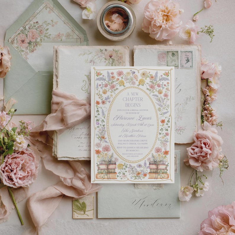 New chapter Bridal Shower invitation, Floral Storybook invite, Spring summer Pastel Wildflower invite image 1