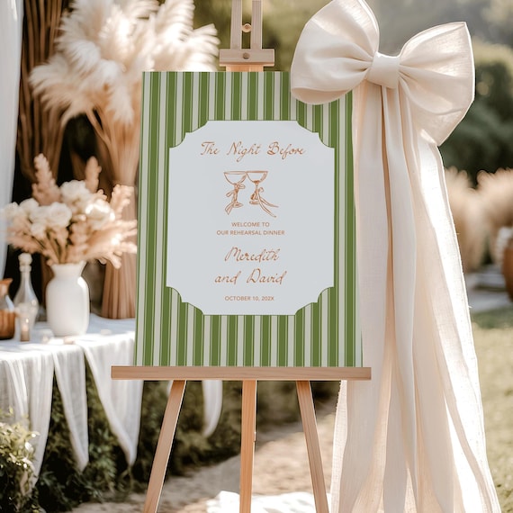 Green striped Rehearsal Dinner Welcome Sign, Garden Party Decor, The night before (Editable Template)