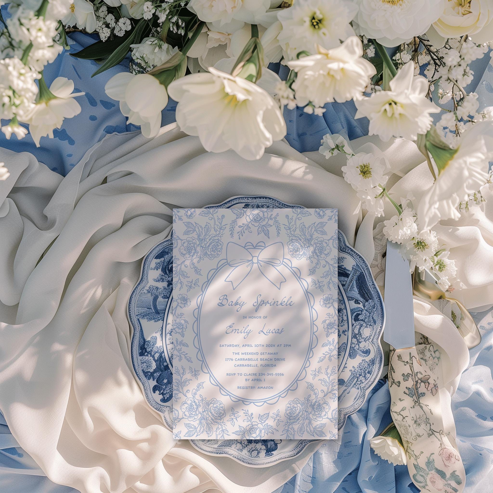 Blue Toile Baby Sprinkle Invitation: Boy Vintage Floral Bow Invite,  Chinoiserie Flowers Garden Party - Etsy Israel, image size:2048x2048