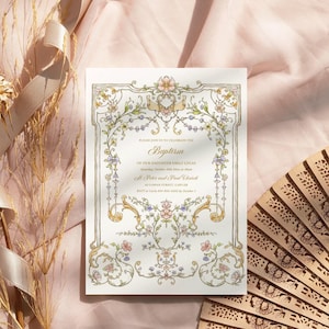 Baptism invitation Chinoiserie Christening invite template, Victorian theme, Vintage floral girl baptism invite
