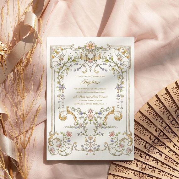 Chinoiserie Baptism Invitation Template, Vintage Floral Girl Christening invite