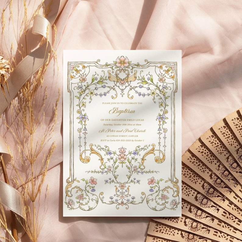 Chinoiserie Baptism Invitation Template, Vintage Floral Girl Christening invite image 1