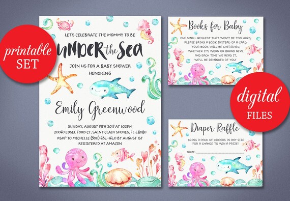 under the sea invitation set printable diaper raffle book card beach baby shower invite under the sea baby shower invitation girl boy raffle book