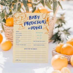 Carte de prédictions et de conseils pour bébé aux agrumes, jeu de baby shower Ciao dessiné à la main, thème italien méditerranéen CBG, prédictions d'oranges pour bébé