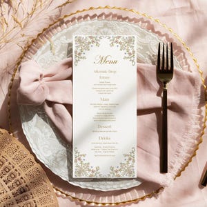 Floral wedding menu card pink gold Chinoiserie vintage menu template, bridal shower decor, Classic Baroque - Victorian wedding decoration