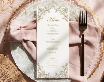Floral Chinoiserie Wedding Menu Template, Pink Gold Flowers, Baby shower/Birthday decor (Editable)
