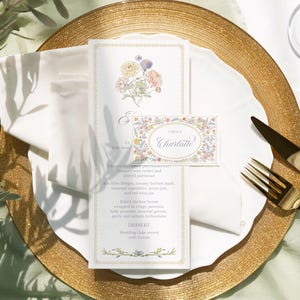 Menu floral e cartão de lugar Decoração de casamento vintage com flores silvestres, Menu de jantar de aniversário, Bebê em flor Menu de chá de bebê, Menu de chá de panela