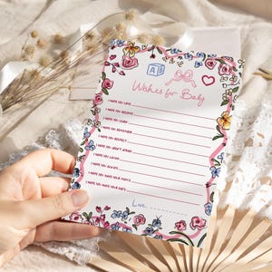 Deseos florales para bebé Juego de baby shower para niña, flores de primavera y verano, flores silvestres para bebé, tarjeta de deseos para bebé escrita a mano y dibujada a mano