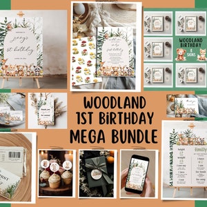 WOODLAND birthday invitation bundle Girl 1st birthday decor Boy first birthday party decorations Forest animals birthday invite bundle