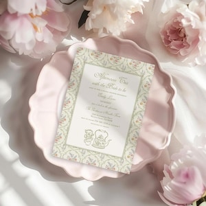 May include: A light green and white floral patterned invitation for an afternoon tea bridal shower. The invitation reads "Afternoon Tea with the Bride to be" and includes the bride's name, date, and location.