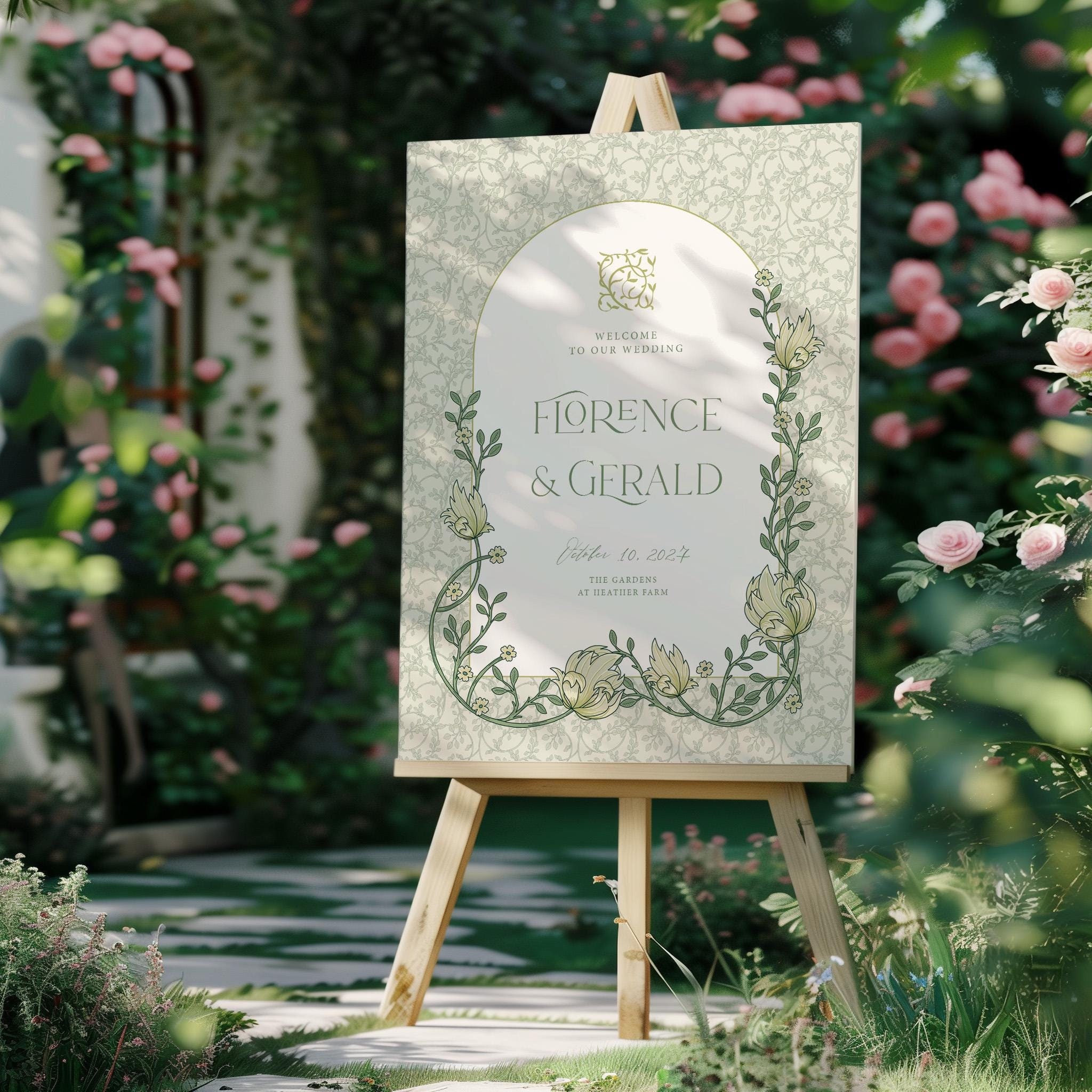 【受注製作品】Wedding Welcome Board Green Floral Wedding Welcome Sign: William Morris Art Nouveau