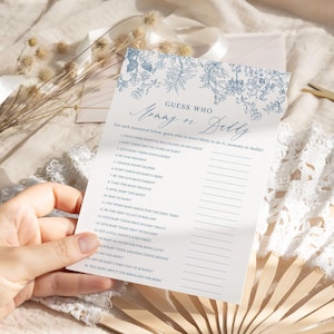 Guess who Mommy or daddy game Dusty blue toile baby shower game Boy chinoiserie baby shower Mom or dad game