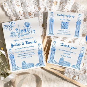 Mediterranean wedding invitation suite Italian - Greece wedding theme, Funky Handwritten Hand drawn wedding invite set