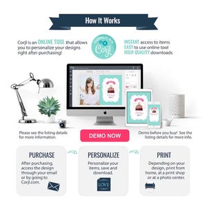 May include: An infographic titled How It Works showing a computer, tablet, and smartphone displaying a birthday invitation design. Text includes Corjl, DEMO NOW, PURCHASE, PERSONALIZE, and PRINT. The graphic explains the process of using an online tool to customize, save, and download digital files for printing.