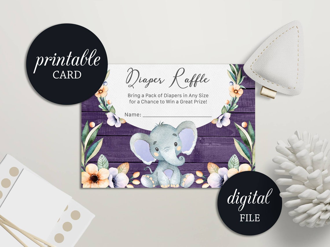 Elephant Diaper Raffle Card Printable Rustic Girl Jungle | Etsy